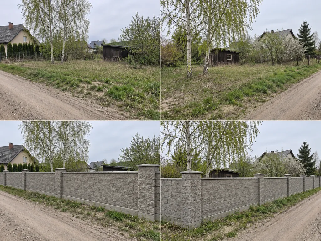 Заборы из бетонных блоков: бетонные блоки на границе участка, после установки · ракурс 1. Визуализация